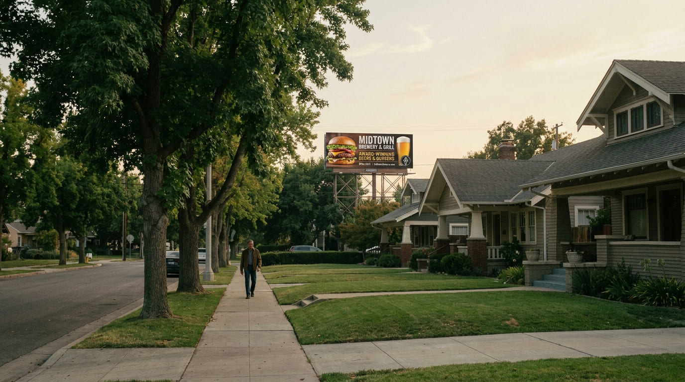 Suburban street with a billboard at dusk